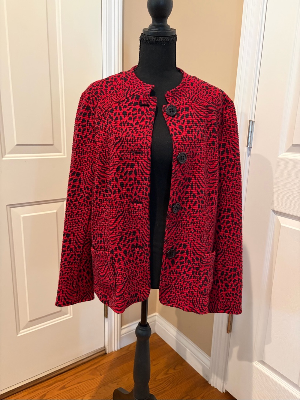 Cheryl Nash Red and Black Animal Print Button-Front Knit Jacket
